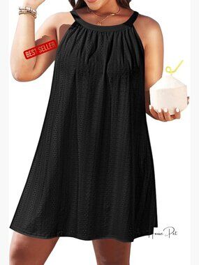 Plus Size Halter Hollow Out Swim Cover Up Beach Sun-Dress